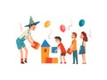 Happy Children Having Fun with Animator at Birthday Party, Entertainer in Funny Costume Playing with Kids Vector Royalty Free Stock Photo