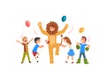 Happy Children Having Fun with Animator in Lion Costume at Birthday or Carnival Party, Entertainer in Festive Costume