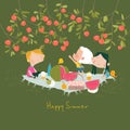 Happy children having picnic under apple tree. Hello summer