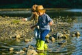 Happy children, healthy teenagers preschool boy and gir enjoying activity in adventure park on a summer day. Royalty Free Stock Photo