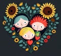 Happy children in the heart made of sunflowers. Cartoon illustration