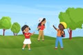 Happy children hike in summer park nature landscape, preschool funny boy girl hiking Royalty Free Stock Photo