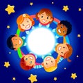Happy children hold hands and dance in a circle. Cute boys and girls have fun on the background of stars. Cartoon vector