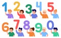 Happy children hold numbers. Little kids learn number math. Education young friends, elementary school students, kindergarten