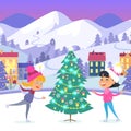 Happy Children on Icerink near Christmas Tree Royalty Free Stock Photo