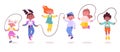 Happy children jump rope flat icons set. Leisure time for boys and girls. Sport and activity. Jumping through cord Royalty Free Stock Photo