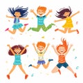 Happy children jumping, celebrating, joyful kids cartoon, excited boys girls, colorful party Royalty Free Stock Photo