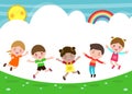 Happy children jumping and dancing on the park, kids activities,  children playing in playground, Template for advertising Royalty Free Stock Photo