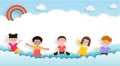 Happy children jumping greeting card in paper cut style with group of kids background poster for advertising brochure banner