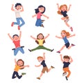 Happy Children Jumping High with Joy and Excitement Feeling Freedom Vector Set Royalty Free Stock Photo