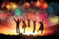 children jumping and watching the fireworks