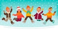 Happy children jumping on a winter background. Vector illustration Royalty Free Stock Photo