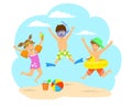 Happy children, kids jumping for joy on the beach Royalty Free Stock Photo