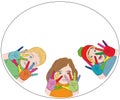 Happy children. painted hands of different colors. logo. concept of happy children`s day. vector illustration.