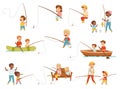 Happy Children and Parents with Fishing Rod Catching Fish in the River or Lake in Summer Big Vector Set Royalty Free Stock Photo