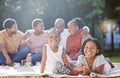 Happy children, picnic and black family relax, bond and enjoy free time together in nature. Portrait of little African