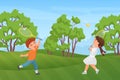 Happy children play badminton in summer park landscape, girl boy child holding rackets