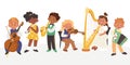 Happy children play classic musical instruments flat icons set. Creative hobby. Saxophone, cello, harp, accordion