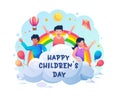 Happy children play on the cloud with the rainbow and balloons celebrating children`s day vector illustration