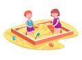 Happy children play in the sandbox. Vector illustration in cartoon style. Royalty Free Stock Photo