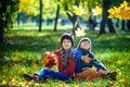 Happy children playing in beautiful autumn park on warm sunny fall day. Kids play with golden maple leaves Royalty Free Stock Photo