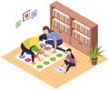 Happy children playing board game with parents, have fun at home. Family entertainment scenes set