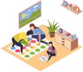 Happy children playing board game with parents, have fun at home. Family entertainment scenes set