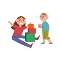 Happy children playing building blocks cartoon characters, brother and sister play together vector Illustration