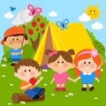 Happy children playing in a forest camping site. Vector illustration