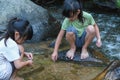 Happy children playing in the river. Two sisters in the summer at the river are having fun playing in the sand on the shore. Royalty Free Stock Photo