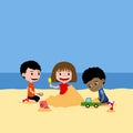 Happy children playing with sand. Building sand castle in the beach Royalty Free Stock Photo