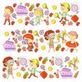 Happy children playing at seashore, beach, sea, ocean. Kids vacation and travelling. Swimming, doodle icons globe