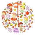 Happy children playing at seashore, beach, sea, ocean. Kids vacation and travelling. Swimming, doodle icons globe