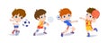 Happy children playing sport game, doing physical exercise. Training set. Active healthy childhood. Flat vector cartoon