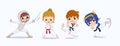 Happy children playing sport game, doing physical exercise. Training set. Active healthy childhood. Flat vector cartoon