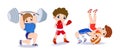 Happy children playing sport game, doing physical exercise. Training set. Active healthy childhood. Flat vector cartoon