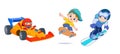 Happy children playing sport game, doing physical exercise. Training set. Active healthy childhood. Flat vector cartoon Royalty Free Stock Photo