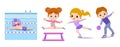 Happy children playing sport game, doing physical exercise. Training set. Active healthy childhood. Flat vector cartoon Royalty Free Stock Photo