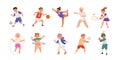 Happy children playing sport game, doing physical exercise. Training set. Football, baseball, tennis, karate. Active