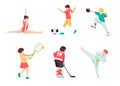 Happy children playing sport game. Training set. Football, tennis, karate, baseball, hockey, gymnastic.