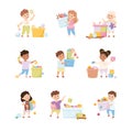 Happy Children Playing Toys in Playroom Having Fun Vector Set Royalty Free Stock Photo