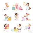 Happy Children Playing Toys in Playroom Having Fun Vector Set Royalty Free Stock Photo