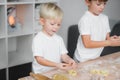 Happy children are preparing delicious cookies at the kitchen table.