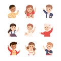 Happy Children with Raised Up Hands Smiling Vector Set