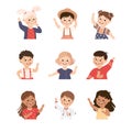 Happy Children with Raised Up Hands Smiling Vector Set