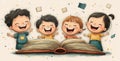 Happy Children Reading a Big Open Book Illustration Royalty Free Stock Photo