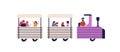 Happy children riding on train vector flat illustration. Colorful kids and parents enjoying track amusement isolated on Royalty Free Stock Photo