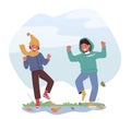 Happy Children in Rubber Boots Jumping on Puddles in Wet Rainy Day, Kids Characters Running, Outdoor Fun under Rain Royalty Free Stock Photo