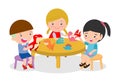 Happy children`s activity in the kindergarten, cute kids with playing toy, Group of happy school child in classroom, education