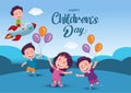 Happy children\'s day background greetings with kid flying rocket vector illustration design